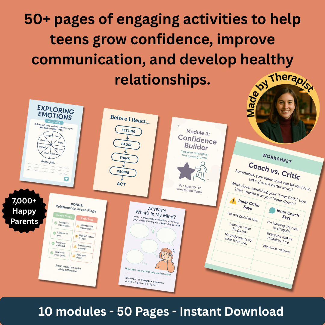🌱 Teen Therapy Toolkit – Confidence Journal, Emotional Check-Ins, Communication Worksheets & Self-Esteem Boosters