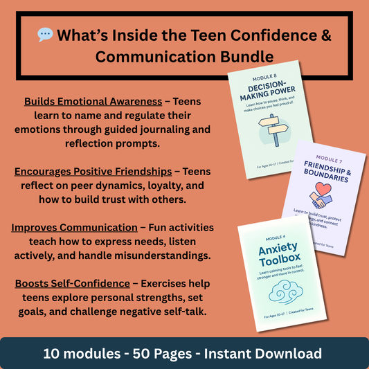 🌱 Teen Therapy Toolkit – Confidence Journal, Emotional Check-Ins, Communication Worksheets & Self-Esteem Boosters